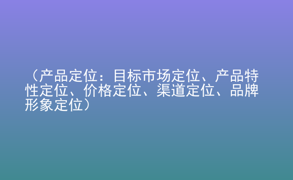  （產(chǎn)品定位：目標市場定位、產(chǎn)品特性定位、價格定位、渠道定位、品牌形象定位）